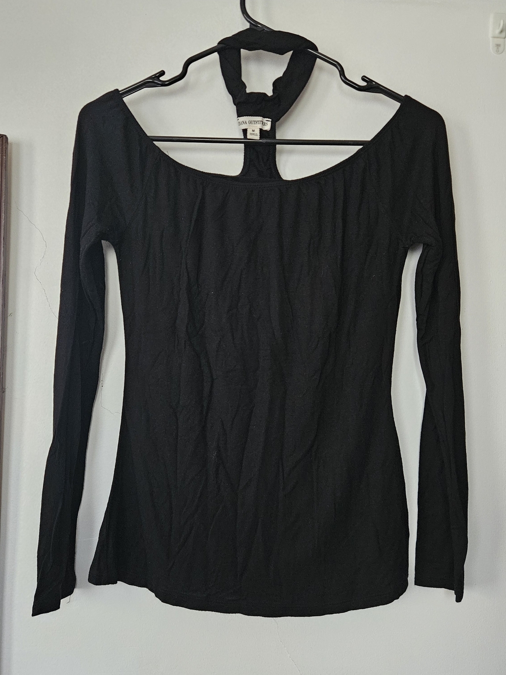 Zenana Outfitters Black Long Sleeve Scoop Neck Top with Halter Back Detail.
